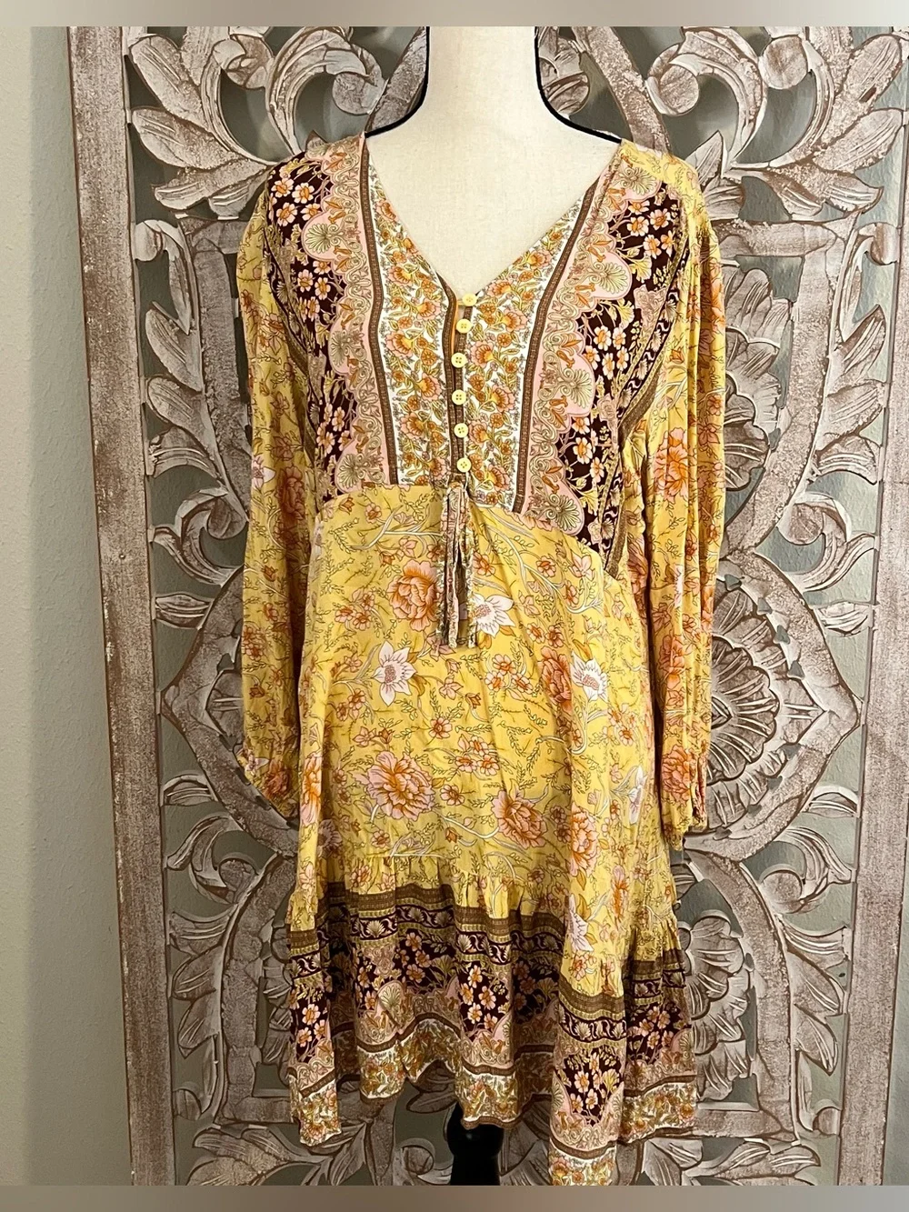 Floral Button Up V-Neck Long Sleeve Yellow Boho Dress - Picture 2 of 4